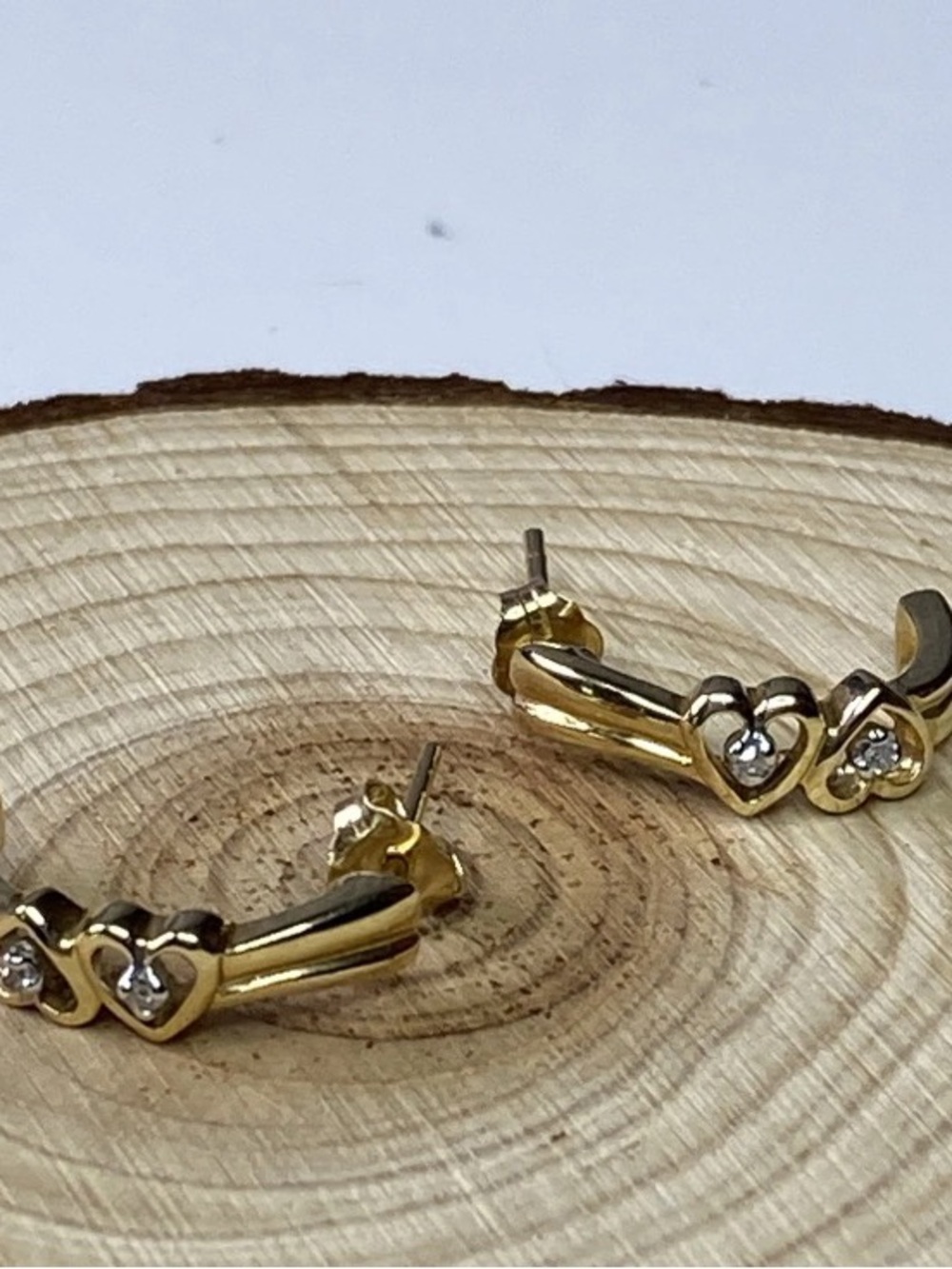 Vintage 14k HOB Yellow Gold Heart Hoop Earrings with diamond Accents